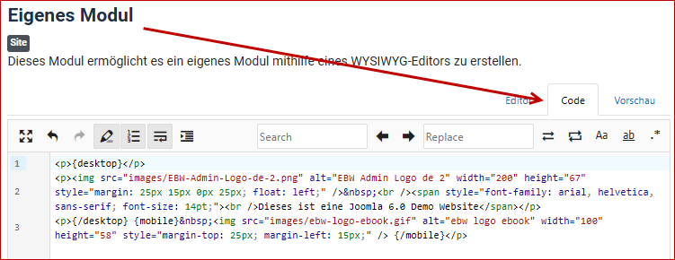 Header module code example
