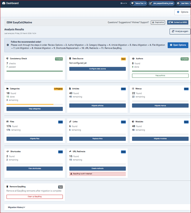 The following example shows the number of each data point from the EasyBlog tables. We will demonstrate this using a demo installation.