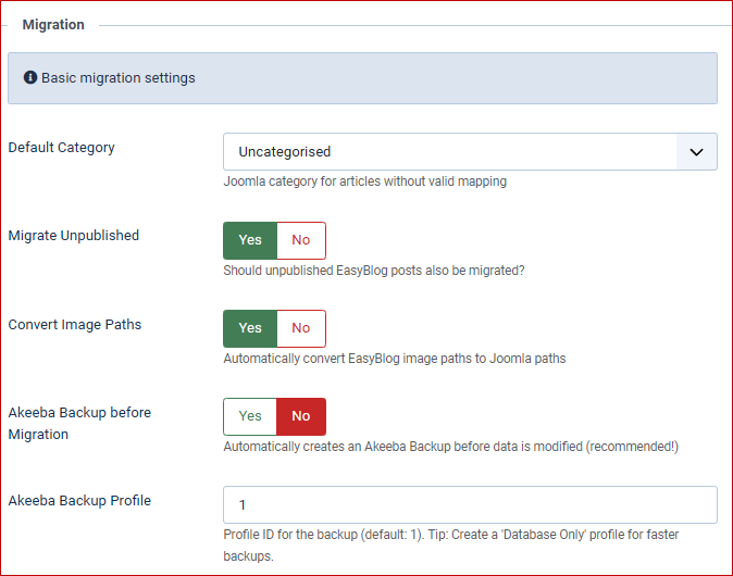 Migration parameters