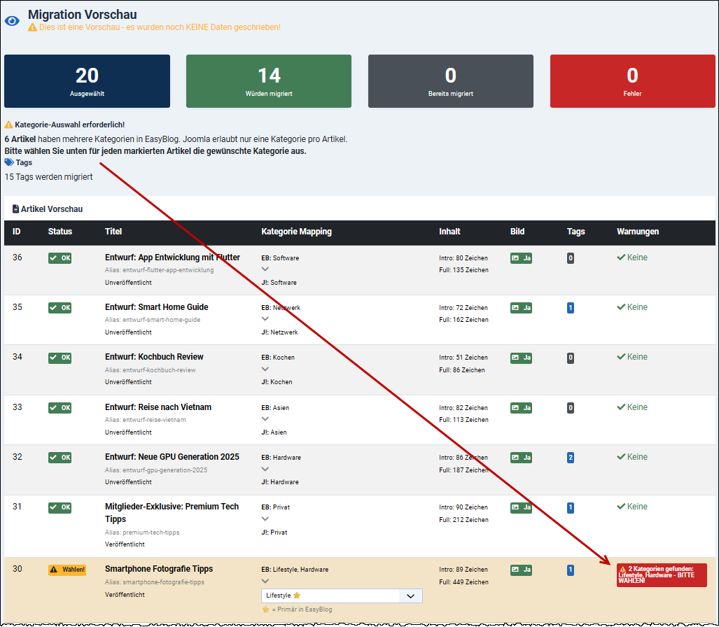 Six articles have multiple categories in EasyBlog. Joomla only allows one category per article. Please select the desired category below for each highlighted article.