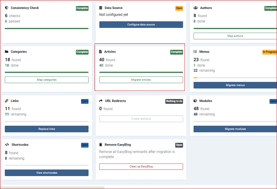 The migration of the 621 items in our example was successfully completed