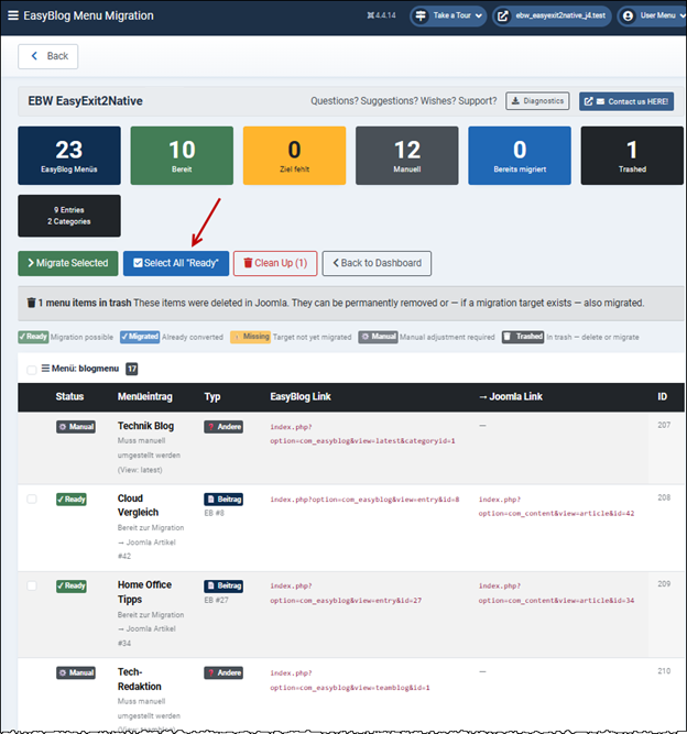 Migration, illustrated by the example of the menus