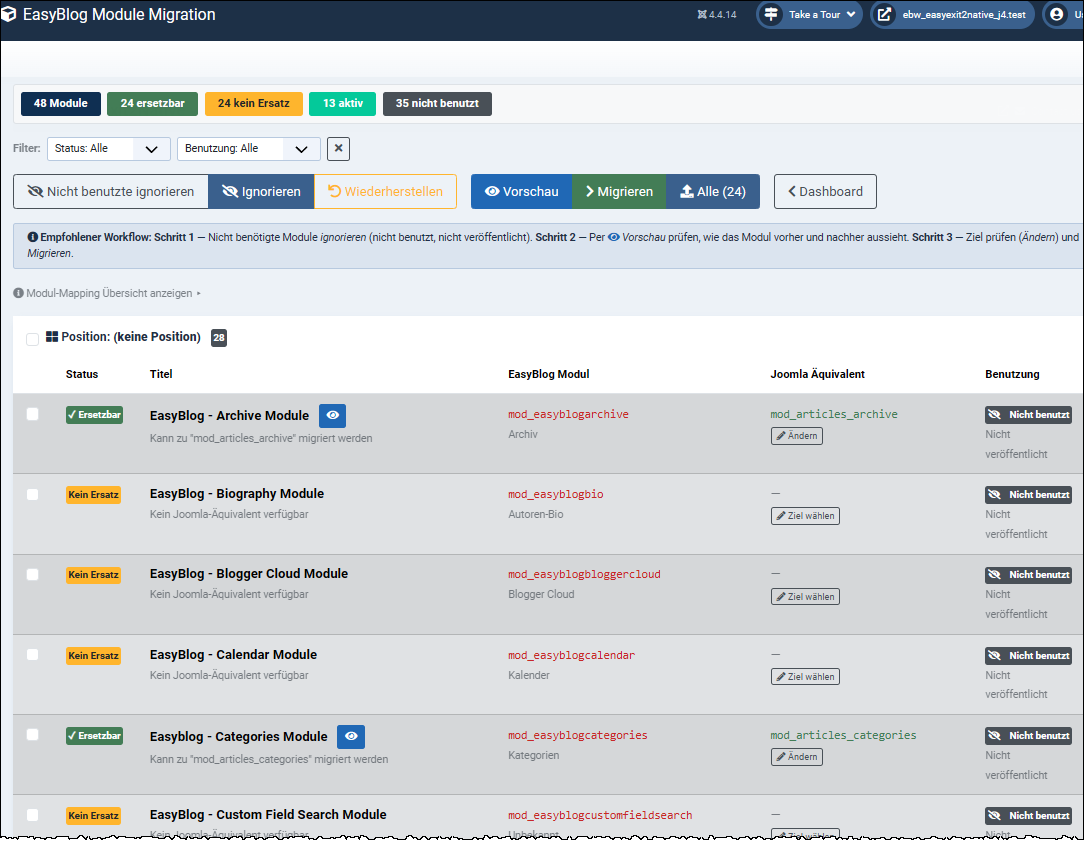 Recommended workflow: Step 1 — Ignore unnecessary modules (not used, not published). Step 2 — Preview how the module will look before and after. Step 3 — Check the target (make changes) and migrate.