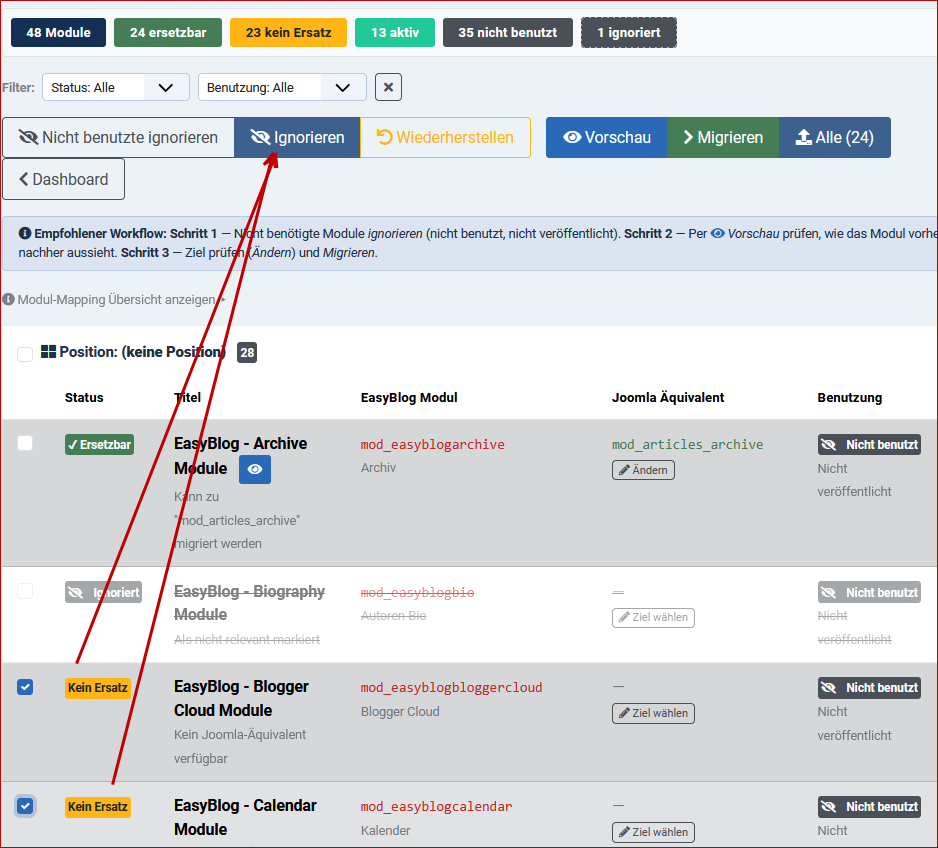 Setting the "ignore" option can be done individually or through multiple selections.