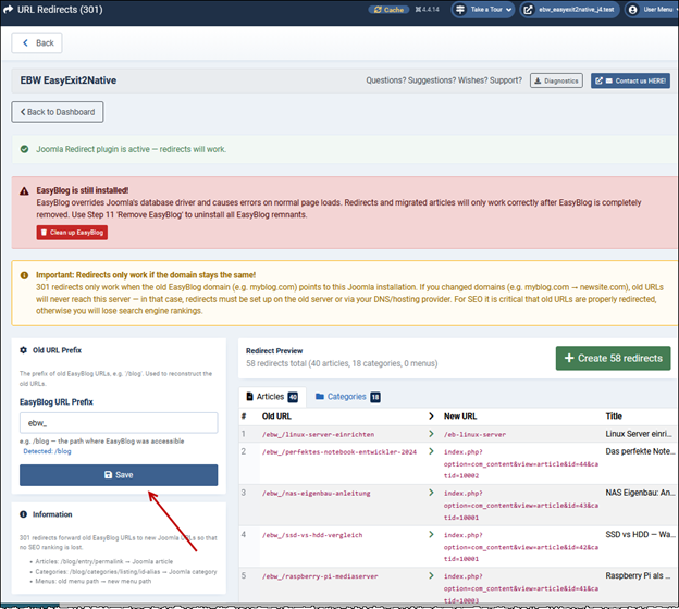 After clicking Save, a test run is performed and a redirect preview is displayed in the right-hand area.